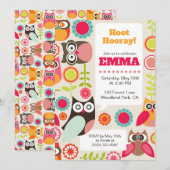 Cute Owl Birthday Invitation Hoot Hooray Birthday 招待状 (正面/裏面)