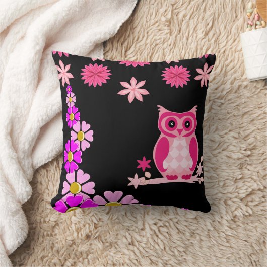 Cute Owl Black Decorative Throw Pillow  クッション (ブランケット)