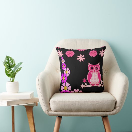 Cute Owl Black Decorative Throw Pillow  クッション (椅子)