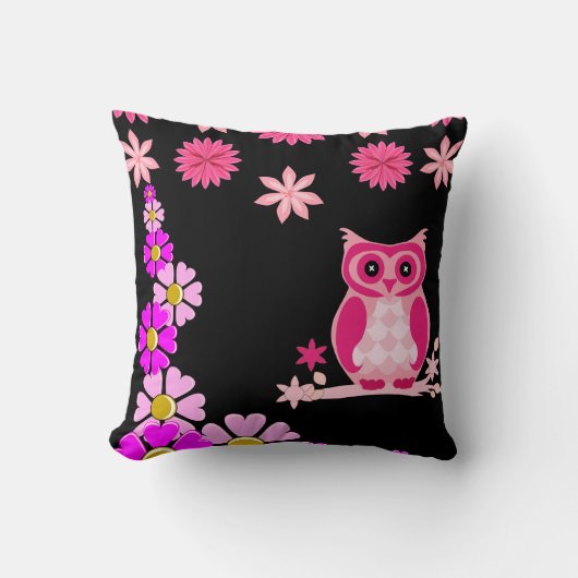Cute Owl Black Decorative Throw Pillow  クッション (正面)