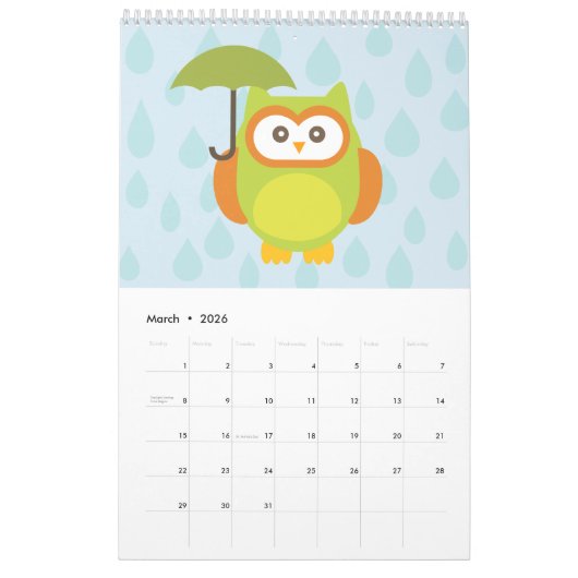 Cute Owl Calendar カレンダー (3月 2026)