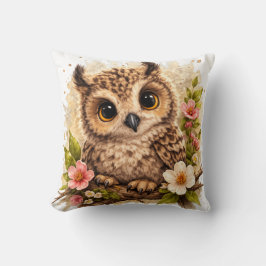 Cute Owl Close-Up Floral Pillow Kawaii Woodland Nu クッション