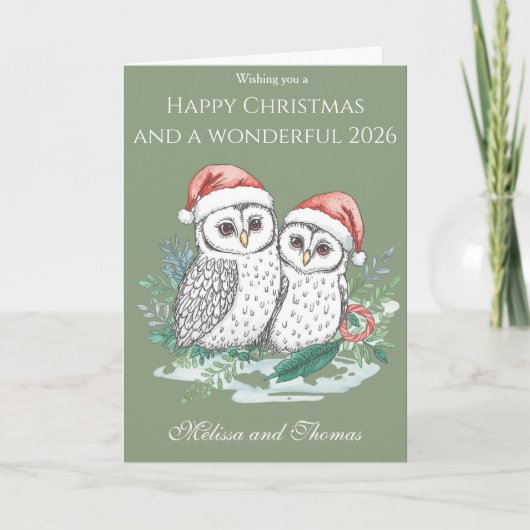 Cute Owl Couple Christmas Card – Festive Woodland  カード (正面)