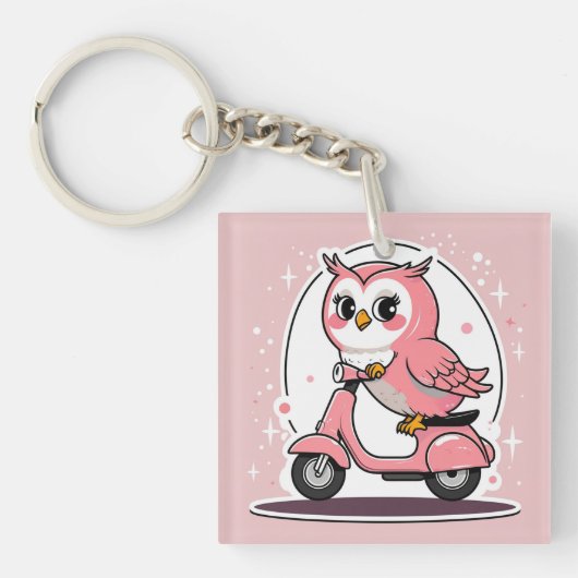 Cute owl driving a scooter キーホルダー (正面)