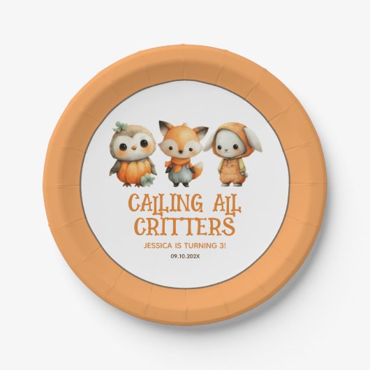 Cute Owl Fox Rabbit Fall Woodland Kids' Birthday  ペーパープレート (正面)