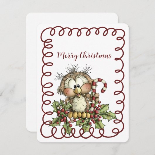 Cute Owl Holding Candy Cane シーズンカード (正面/裏面)