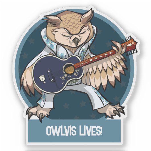 Cute Owl Owlvis Lives! Singer With Guitar Cartoon シール (正面)