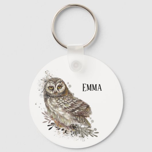 Cute Owl ,Watercolor Bird Nature Keychain キーホルダー (正面)