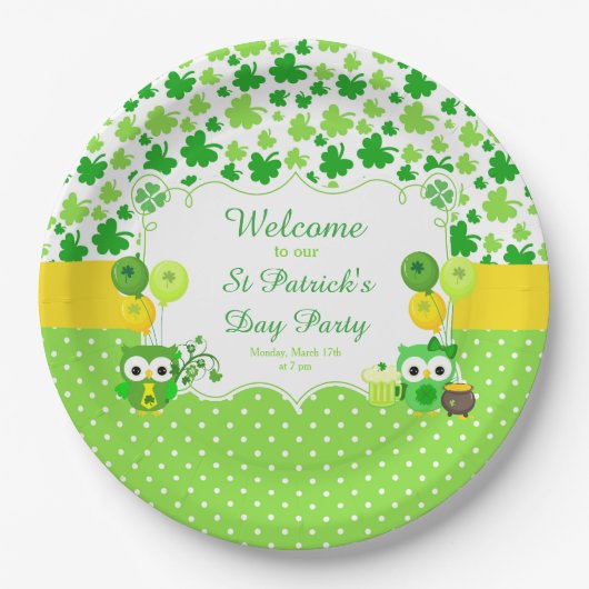 Cute Owls St Patrick's Day Party ペーパープレート (正面)