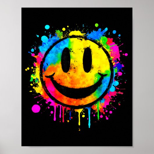 Cute Paint Splash Happy Smile Face 70s Tie Dye Smi ポスター (正面)