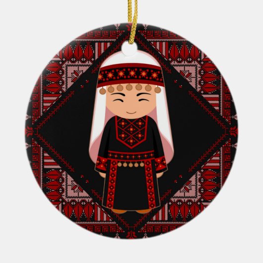 cute Palestinian girl Embroidery red tatreez   セラミックオーナメント (正面)