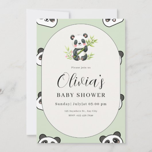 Cute Panda Baby Shower Green Botanical Panda Theme 招待状 (正面)