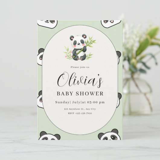 Cute Panda Baby Shower Green Botanical Panda Theme 招待状 (スタンド正面)