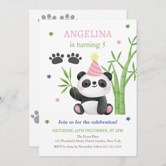Cute Panda Bear Bamboo Birthday  招待状 (正面/裏面)