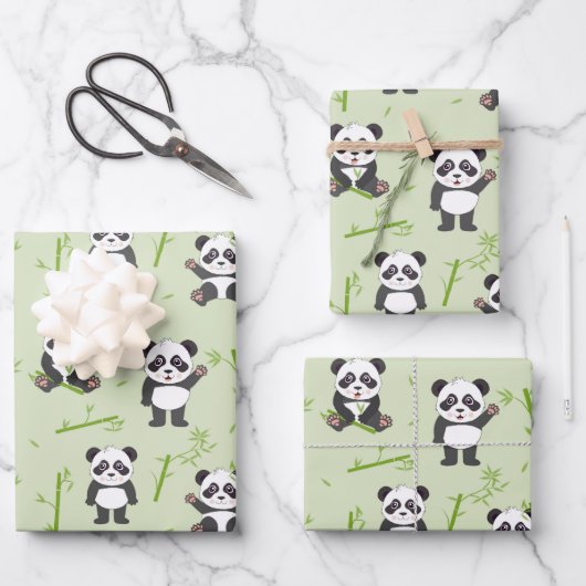 Cute Panda Bear Bamboo Kawaii Animals Pattern ラッピングペーパーシート (正面)