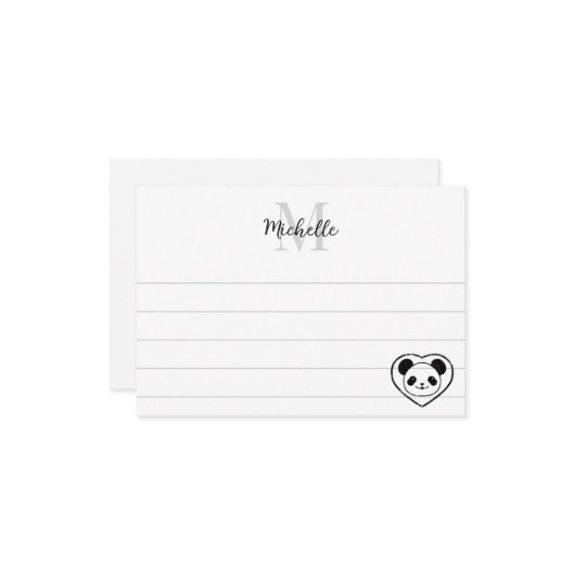 Cute Panda Bear Cartoon Custom Lined Monogram ノートカード (正面/裏面インサイチュ)