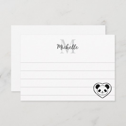 Cute Panda Bear Cartoon  Custom Lined Monogram ノートカード (正面/裏面)