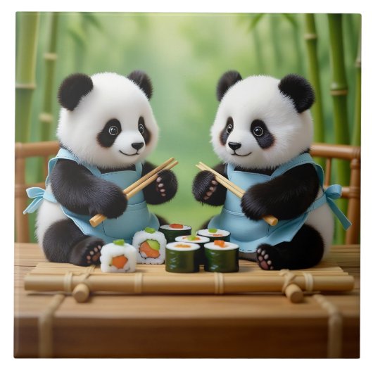 Cute Panda Bear Cubs Preparing Sushi タイル (正面)