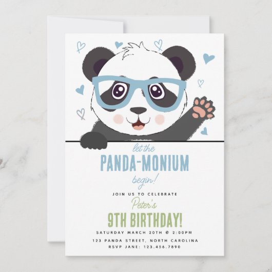 Cute Panda Bear Kawaii Boy Birthday Party 招待状 (正面)