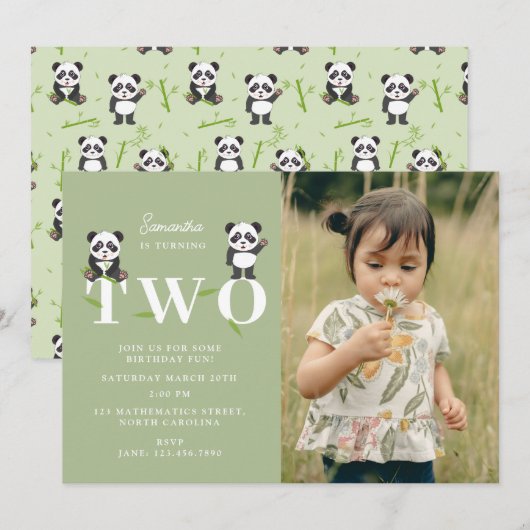 Cute Panda Bear Kawaii Kids Two 2 Birthday Photo 招待状 (正面/裏面)