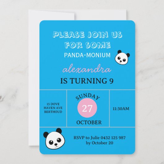 Cute Panda Bear Party Invitation – Personalized  招待状 (裏面)