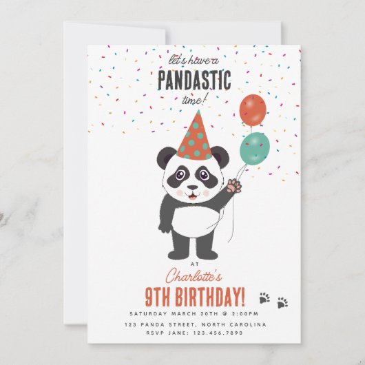 Cute Panda Bear Theme Kawaii Kids Birthday Party 招待状 (正面)