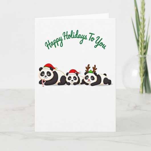 Cute Panda Bears Happy Holidays Santa and Reindeer カード (正面)