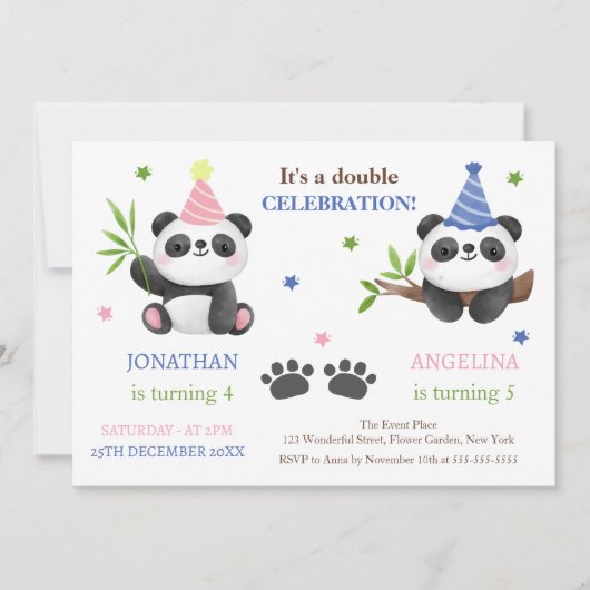 Cute Panda Boy and Girl Joint Birthday  招待状 (正面)