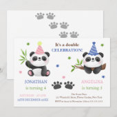 Cute Panda Boy and Girl Joint Birthday  招待状 (正面/裏面)