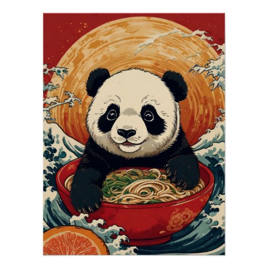 Cute Panda Eating Ramen in Japanese Ukiyo-e Style  ポスター (正面)