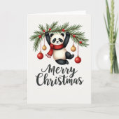 Cute Panda Hanging from Christmas Tree Branch Card カード (正面)