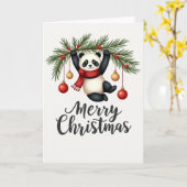 Cute Panda Hanging from Christmas Tree Branch Card カード (黄色い花)