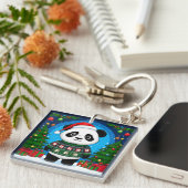 Cute Panda In Christmas Sweater Wears Santa Hat キーホルダー (正面右)