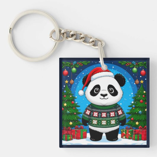 Cute Panda In Christmas Sweater Wears Santa Hat キーホルダー (正面)