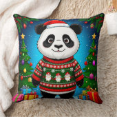 Cute Panda In Christmas Sweater Wears Santa Hat クッション (ブランケット)