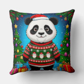 Cute Panda In Christmas Sweater Wears Santa Hat クッション (裏面)