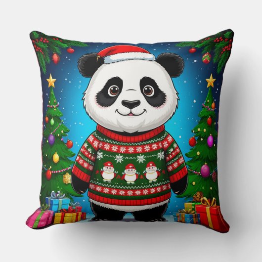 Cute Panda In Christmas Sweater Wears Santa Hat クッション (正面)