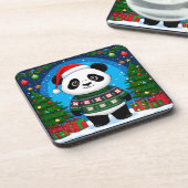 Cute Panda In Christmas Sweater Wears Santa Hat コースター (左側)