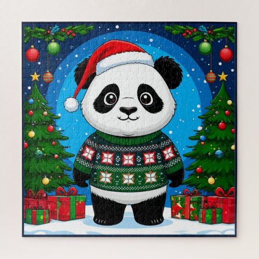 Cute Panda In Christmas Sweater Wears Santa Hat ジグソーパズル (縦)