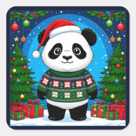 Cute Panda In Christmas Sweater Wears Santa Hat スクエアシール