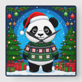 Cute Panda In Christmas Sweater Wears Santa Hat スクエア壁時計