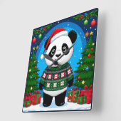 Cute Panda In Christmas Sweater Wears Santa Hat スクエア壁時計 (傾斜)
