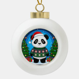 Cute Panda In Christmas Sweater Wears Santa Hat セラミックボールオーナメント