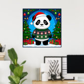 Cute Panda In Christmas Sweater Wears Santa Hat ポスター (ホームオフィス)