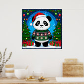 Cute Panda In Christmas Sweater Wears Santa Hat ポスター (キッチン)