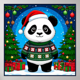 Cute Panda In Christmas Sweater Wears Santa Hat ポスター