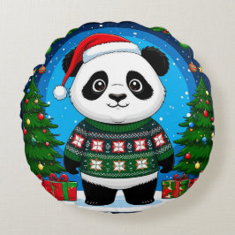 Cute Panda In Christmas Sweater Wears Santa Hat ラウンドクッション