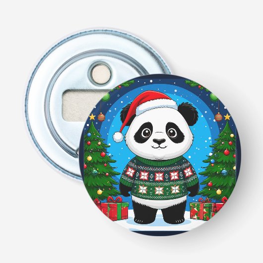 Cute Panda In Christmas Sweater Wears Santa Hat 栓抜き (正面)