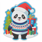 Cute Panda In Santa Hat And Christmas Sweater シール (正面)