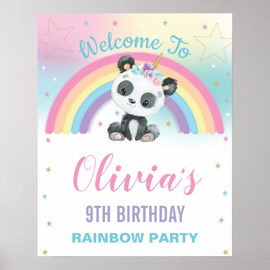 Cute Panda Pandacorn Rainbow Birthday Welcome ポスター (正面)